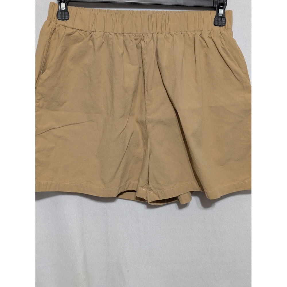 Tan Viscose Linen Blend Elastic Waist Pull On Shorts with Pockets Large